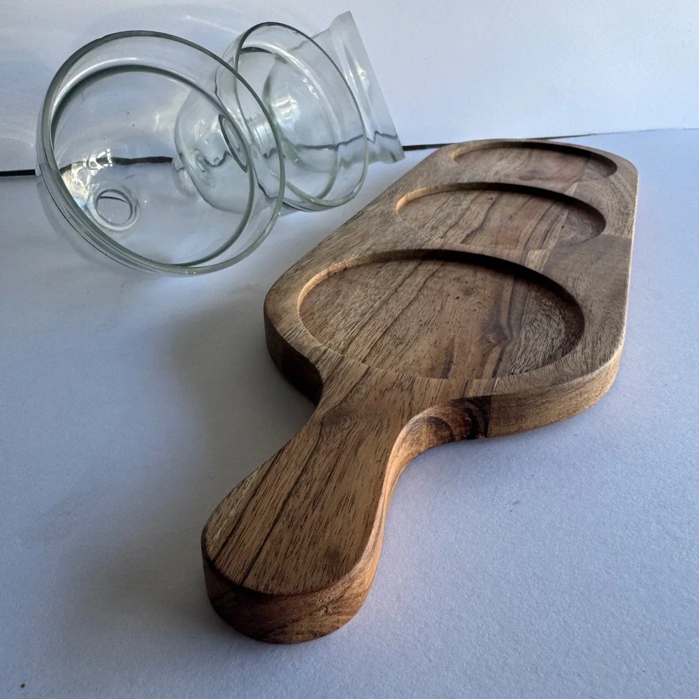 Unbranded Serving Board Set OS Brown Wood Glass Cloche Domes Farmhouse Boho 4pc